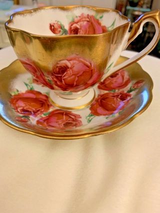 Vintage Queen Anne Bone China England Large Pink Roses Gold Gilt Teacup &saucer