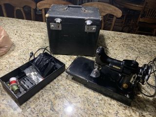Vintage Singer Featherweight 221 Sewing Machine,  Case,  Buttonholer,  Scroll Face
