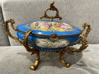 Vtg Antique French Sevres Style Porcelain Gilt Metal Mounted Centerpiece Dish