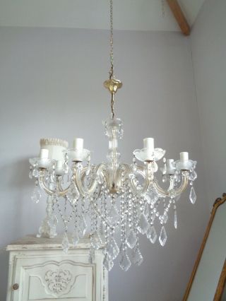 Large 8 Arm Vintage French Glass Clad Crystal Chandelier