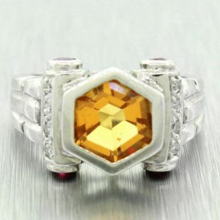 1960s Vintage Estate 14k Solid White Gold 1.  50ctw Citrine,  Ruby,  & Diamond Ring