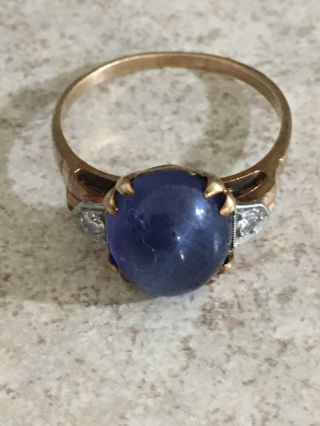Vintage 10k White Gold Oval Blue Star Sapphire And Diamond Ring Size 5.  5 432d
