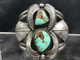Vtg Huge 111g Old Pawn Navajo Turquoise Sterling Silver Cuff Bracelet