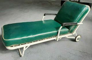 Vintage Heavy Metal Chaise Outdoor Lounge With Extra Pad And Cover On Wheels