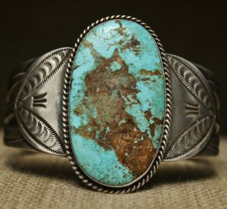 Huge Vintage Fred Harvey Era Navajo Sterling Silver Turquoise Cuff Bracelet