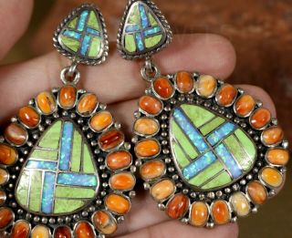 Navajo Old Pawn Vintage Turquoise Spiny Oyster 2 Tier Cross Big Dangle Earrings