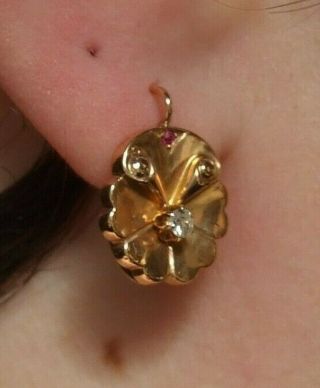 Vintage French Art Deco 18ct Rose Gold Flower Diamond Ruby Leverback Earrings