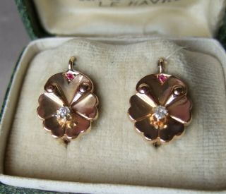 Vintage French Art Deco 18ct Rose Gold Flower Diamond Ruby leverback Earrings 2
