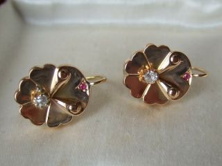 Vintage French Art Deco 18ct Rose Gold Flower Diamond Ruby leverback Earrings 3