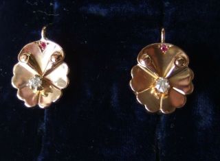Vintage French Art Deco 18ct Rose Gold Flower Diamond Ruby leverback Earrings 4