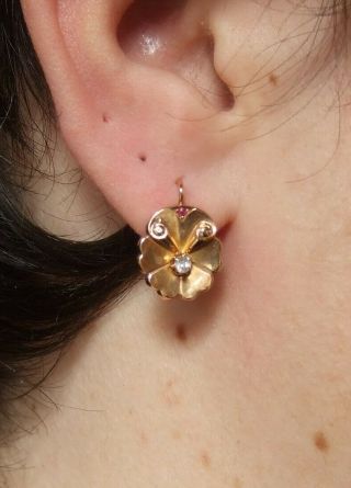 Vintage French Art Deco 18ct Rose Gold Flower Diamond Ruby leverback Earrings 5