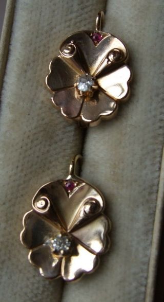 Vintage French Art Deco 18ct Rose Gold Flower Diamond Ruby leverback Earrings 6