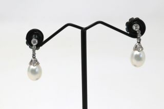 A Great Vintage Art Deco Style 18ct White Gold Pearl & Diamond Earrings