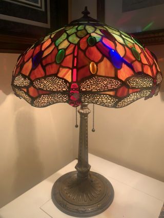 Vintage Dale Tiffany Dragonfly Stained Slag Glass Table Lamp Stamped