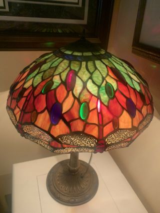 Vintage Dale Tiffany Dragonfly Stained Slag Glass Table Lamp stamped 2