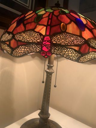 Vintage Dale Tiffany Dragonfly Stained Slag Glass Table Lamp stamped 3