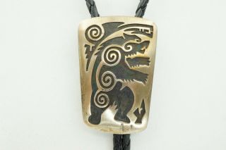 Vintage Native American Hopi Sterling Silver Overlay Grizzly Bear Bolo Tie