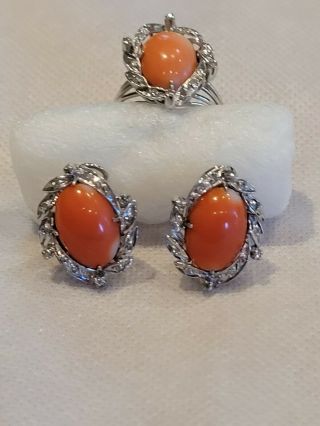 Vintage Art Deco Palladium Coral Diamond Earrings And Ring Set