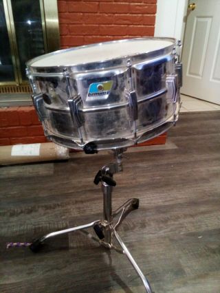 1970s Vintage Ludwig 6 " X 14 " Snare Drum With Stand Blue/olive Badge