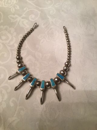 Vintage Navajo Silver & Turquoise Inlaid 15” Bear Claw Necklace