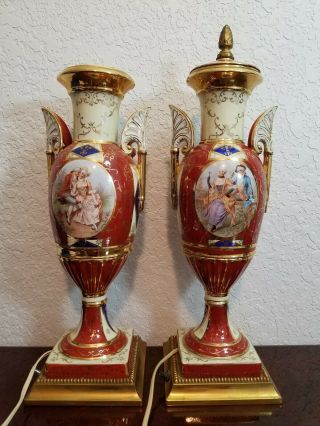 Pair Vtg French Porcelain Hand Painted Lidded Urn Lamps Victorian
