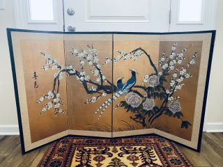 Vtg Japanese Chinese 4 Panel Folding Screen Byobu Painted 35 " X60 " Decor Hanging