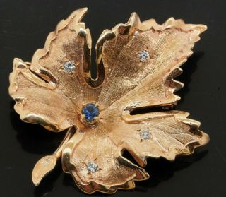 Heavy Vintage 14k Yg 0.  25ct Vs1/f Diamond & Sapphire Maple Leaf Brooch