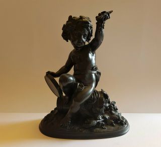 Antique Old Vintage Heavy Bronze Cupid Sculpture