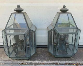 Pair Vintage Mid Century Modern Exterior Porch Lights Copper Brass Glass