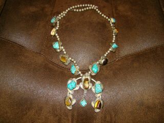 Native Amer.  Indian Squash Blossom Necklace T/eye Turquoise Zuni Navajo Vintage?