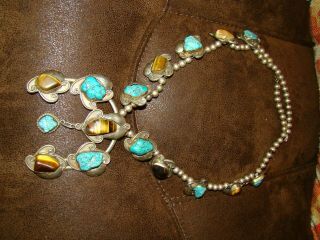 Native Amer.  Indian Squash Blossom Necklace T/Eye Turquoise Zuni Navajo Vintage? 3