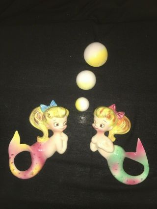 Vintage Py Mermaids Wall Plaques Pockets W Bubbles Ceramic Girls Retro Fish Old