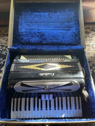 Vintage Contello Accordion Made In Italy,  Black W/ Ivory Type Keys,  Hard Case