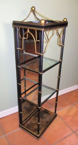 Vintage Hollywood Regency Black and Gold Metal and Glass Etagere Shelf Cabinet 2