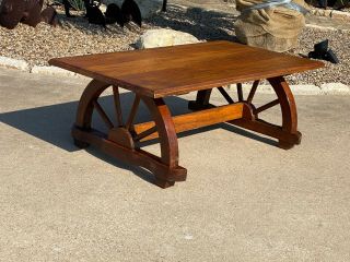Vintage Oak Mid Century Wagon Wheel Coffee Table Ranch Western Decor