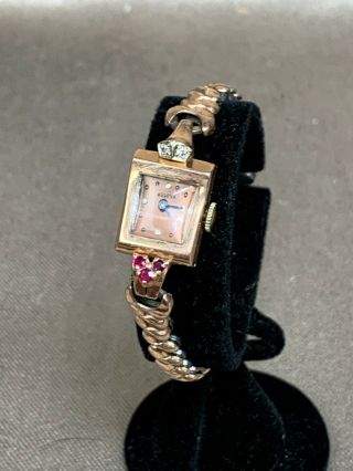 Vintage Art Deco 14k Rose Gold,  Diamond,  And Ruby Bulova Ladies Wristwatch