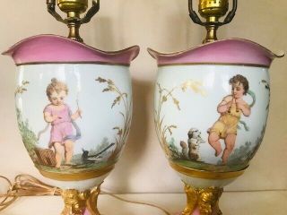 Vintage Pair Old Paris French Pink Porcelain Child Themed Table Lamps