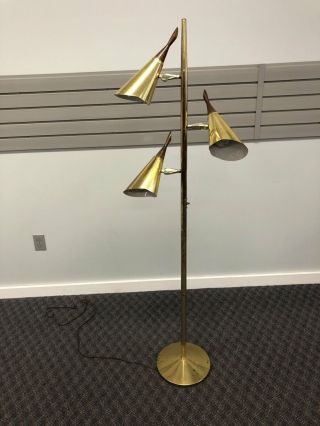 Vintage 60s Pole Floor Lamp Mid Century Modern Metal Light Wood Gold Danish