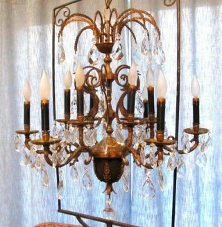 Vintage French Empire Style Brass Black Accent Crystal 12 Light Chandelier 30 "