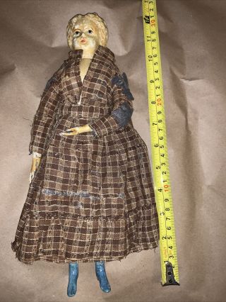 Vintage Minerva German Wooden Doll 11 1/2” To 12” Tall.  Vintage Clothes