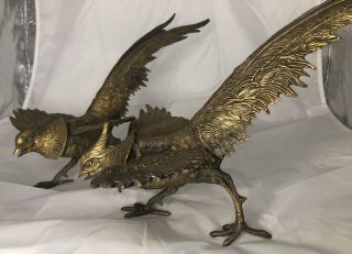 Vintage Pair Fighting Pheasants Bird Brass Sculpture Folk Art Unique And Unusual