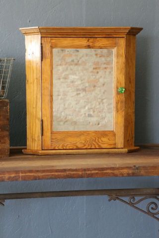 Antique Medical Cabinet Corner Cupboard With Mirror Green Door Pull Wood Vintage