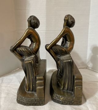 Vintage Set Art Deco Nude Lady Sitting On Books Brass Bookends Book Ends