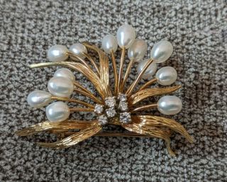 Vintage Heavy 14k Gold Diamonds Pearls Flower Brooch/pendant 12.  8 Grams