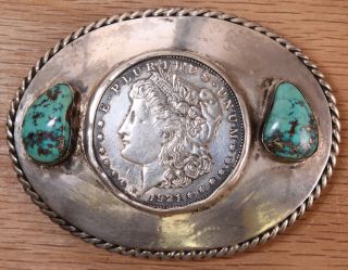Vintage Handmade Sterling Silver Morgan Dollar And Turquoise Belt Buckle X668a