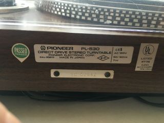 Vintage Pioneer PL - 530 Direct Drive Stereo Turntable,  PAL - 232 - 0,  With Cover 3