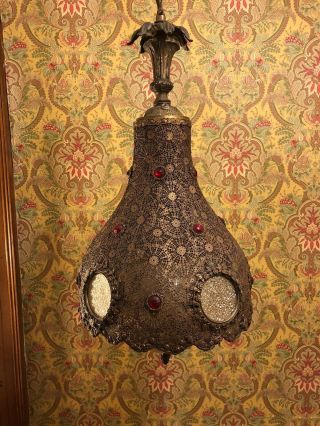 Vintage Brass Filigree Moroccan Jeweled Hanging Chandelier Lamp Light