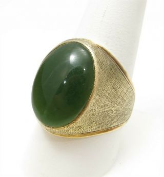 Vintage 10k Yellow Gold Oval Nephrite Jade Bezel Set Textured Mens Ring Sz 10.  75