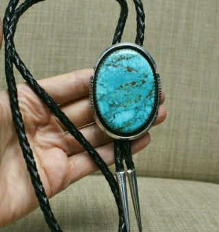 Huge Heavy Vintage Native American Navajo Turquoise Sterling Silver Bolo Tie