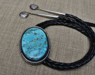 Huge Heavy Vintage Native American Navajo Turquoise Sterling Silver Bolo Tie 2